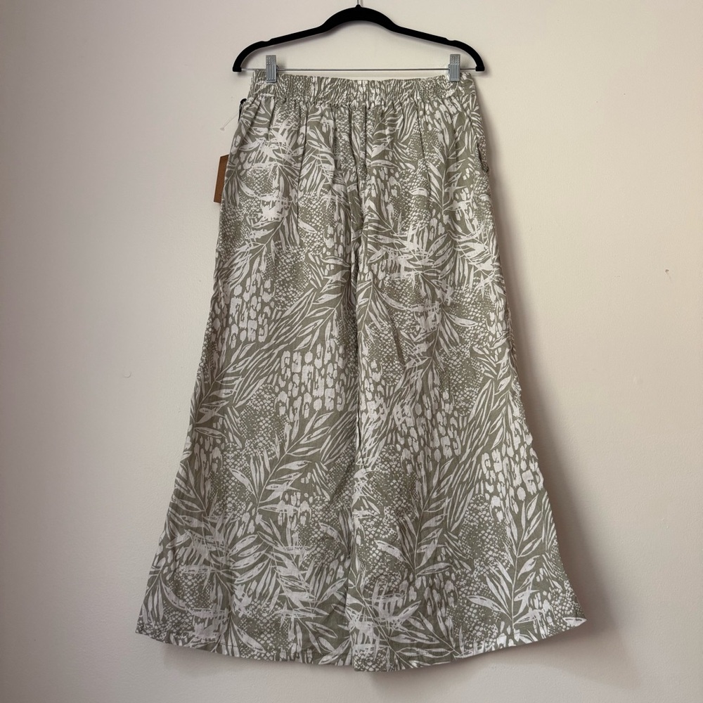 Christian Siriano NY Tropical Print 100% Linen Wide Leg Pants Sage Green, Sz M